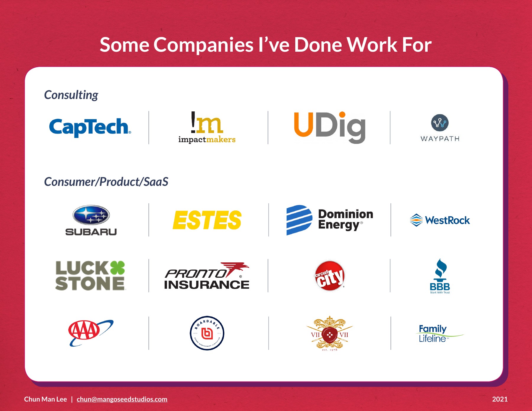 Client logos across consulting, consumer products, SaaS, utilities, and retail