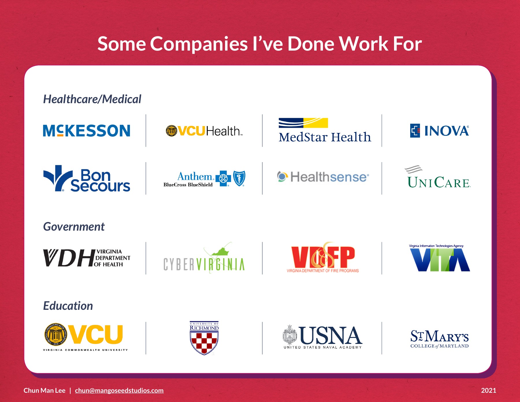 Client logos across healthcare, government, and education